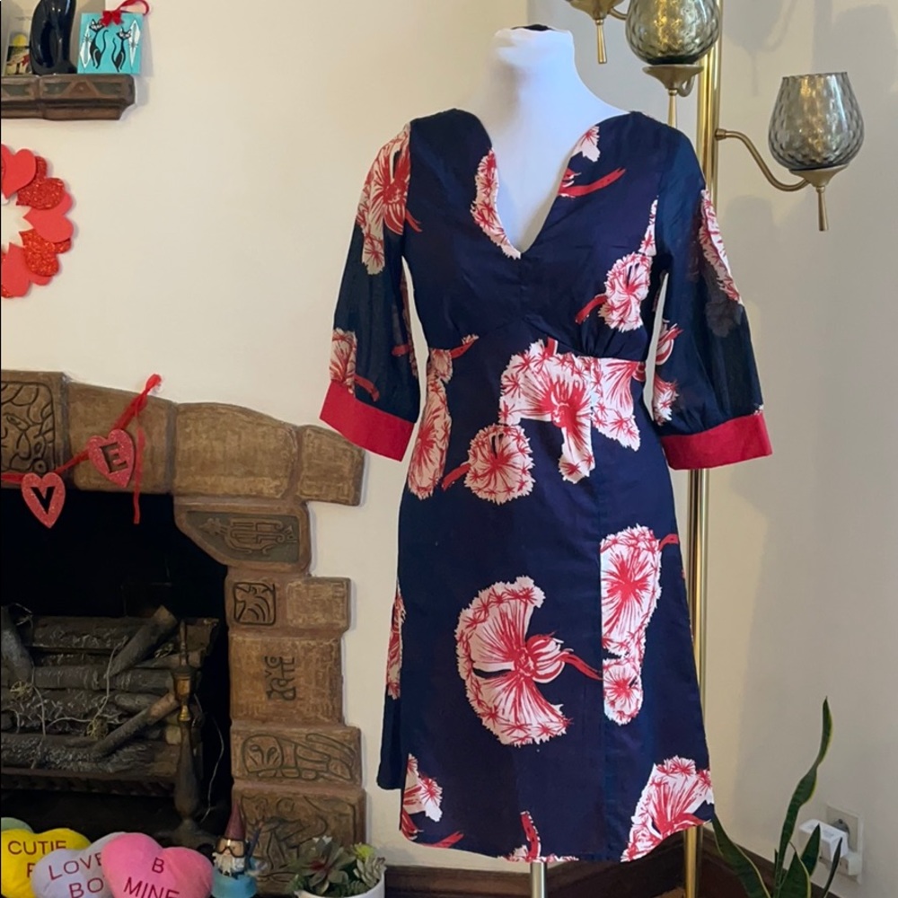 Dandelion print mod a-line dress, red white & blue